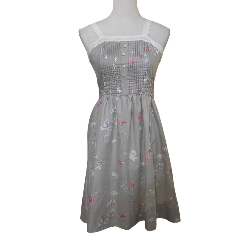 HANDMADE Sundress Grey with Pink Floral Pintucks Lightweight Summer Dress